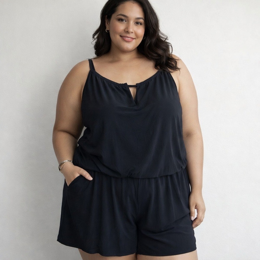 Aqua‎ Green Solid Black Blouson Swim Romper with Pockets and Keyhole Neckline 24
